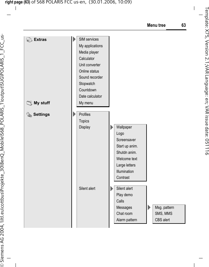 63Menu treeright page (63) of S68 POLARIS FCC us-en,  (30.01.2006, 10:09)&copy; Siemens AG 2004, \\Itl.eu\cottbus\Projekte_30\BenQ_Mobile\S68_POLARIS_1\output\SUG\POLARIS_1_FCC_us-Template: X75, Version 2.1;VAR Language: en; VAR issue date: 051116S Extras >SIM servicesMy applicationsMedia playerCalculatorUnit converterOnline statusSound recorderStopwatchCountdownDate calculatorN My stuff My menuT Settings >ProfilesTopicsDisplay >WallpaperLogoScreensaverStart up anim.Shutdn anim.Welcome textLarge lettersIlluminationContrastSilent alert >Silent alertPlay demoCallsMessages >Msg. pattern Chat room SMS, MMSAlarm pattern CBS alert