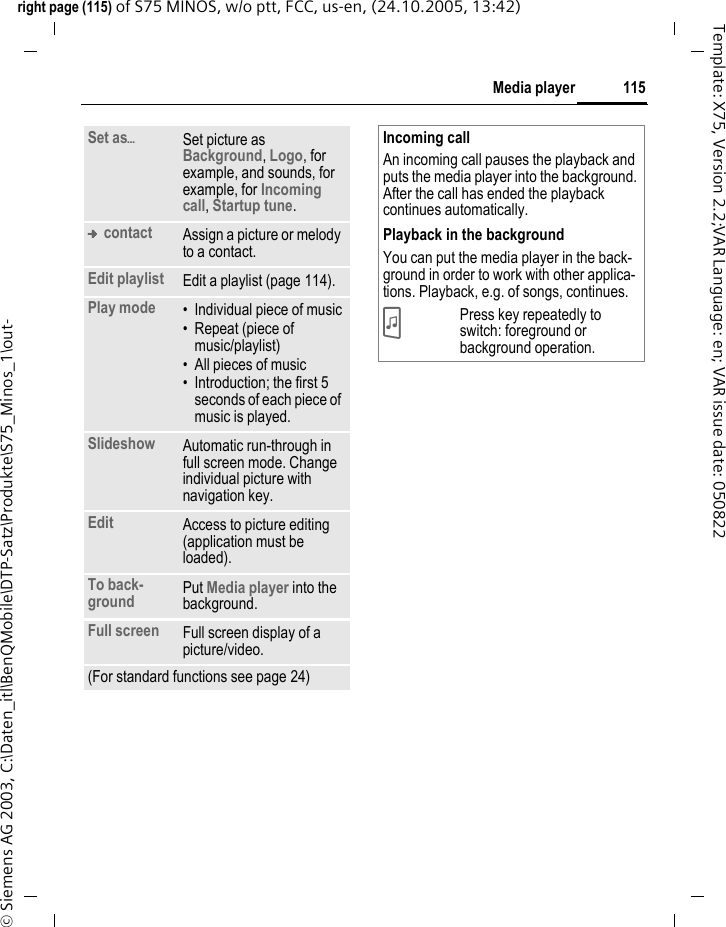 115Media playerright page (115) of S75 MINOS, w/o ptt, FCC, us-en, (24.10.2005, 13:42)&copy; Siemens AG 2003, C:\Daten_itl\BenQMobile\DTP-Satz\Produkte\S75_Minos_1\out-Template: X75, Version 2.2;VAR Language: en; VAR issue date: 050822Set as&ouml;Set picture as Background, Logo, for example, and sounds, for example, for Incoming call, Startup tune.&trade; contact Assign a picture or melody to a contact.Edit playlist Edit a playlist (page 114).Play mode &bull; Individual piece of music&bull; Repeat (piece of music/playlist)&bull; All pieces of music&bull; Introduction; the first 5 seconds of each piece of music is played.Slideshow Automatic run-through in full screen mode. Change individual picture with navigation key.Edit Access to picture editing (application must be loaded).To back-ground Put Media player into the background. Full screen Full screen display of a picture/video.(For standard functions see page 24)Incoming callAn incoming call pauses the playback and puts the media player into the background. After the call has ended the playback continues automatically.Playback in the backgroundYou can put the media player in the back-ground in order to work with other applica-tions. Playback, e.g. of songs, continues.?Press key repeatedly to switch: foreground or background operation.