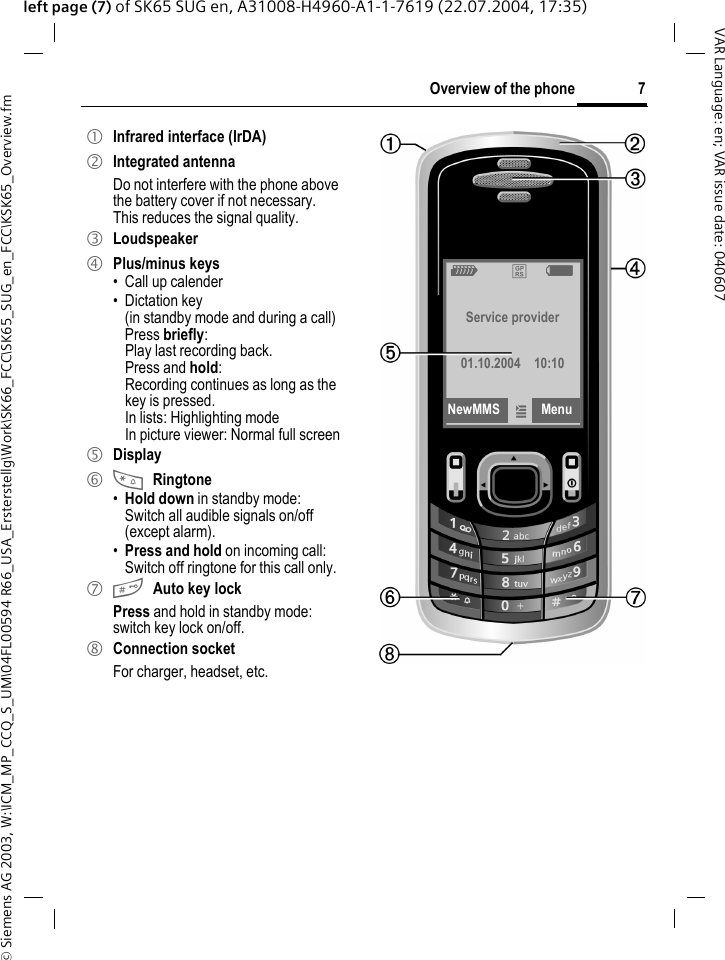 &copy; Siemens AG 2003, W:\ICM_MP_CCQ_S_UM\04FL00594 R66_USA_Ersterstellg\Work\SK66_FCC\SK65_SUG_en_FCC\KSK65_Overview.fm7Overview of the phoneVAR Language: en; VAR issue date: 040607left page (7) of SK65 SUG en, A31008-H4960-A1-1-7619 (22.07.2004, 17:35)1 Infrared interface (IrDA)2 Integrated antennaDo not interfere with the phone above the battery cover if not necessary. This reduces the signal quality.3 Loudspeaker4 Plus/minus keys&bull; Call up calender&bull; Dictation key (in standby mode and during a call)Press briefly: Play last recording back.Press and hold:Recording continues as long as the key is pressed.In lists: Highlighting modeIn picture viewer: Normal full screen5 Display6 *Ringtone&bull;Hold down in standby mode: Switch all audible signals on/off (except alarm). &bull;Press and hold on incoming call: Switch off ringtone for this call only.7 #Auto key lockPress and hold in standby mode: switch key lock on/off.8 Connection socketFor charger, headset, etc.Z &pound; X Service provider01.10.2004 10:10NewMMS &iacute; Menu