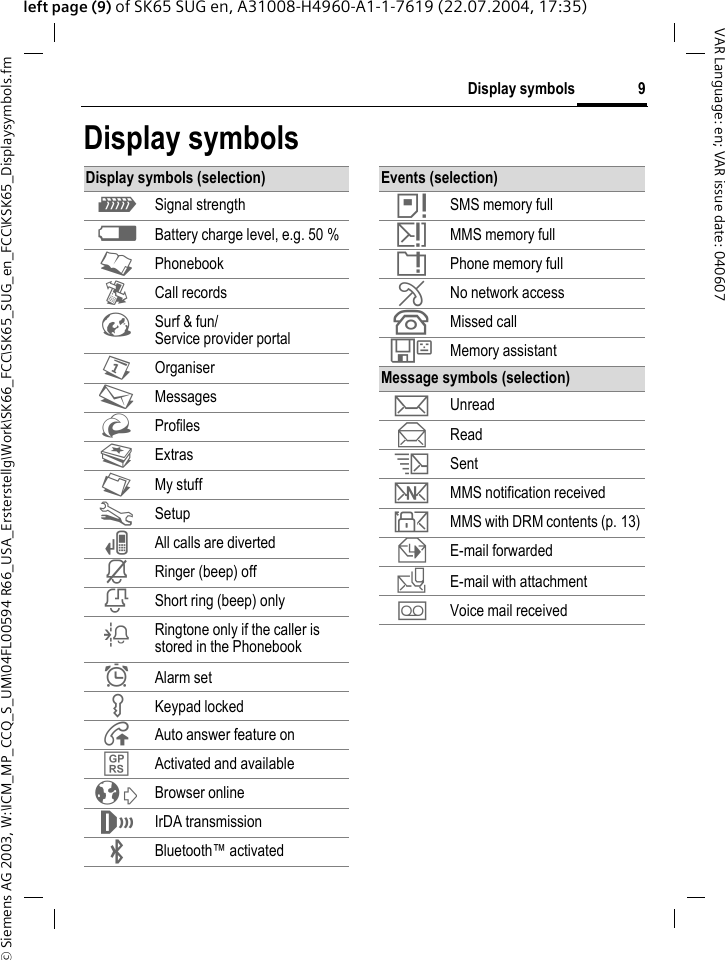 &copy; Siemens AG 2003, W:\ICM_MP_CCQ_S_UM\04FL00594 R66_USA_Ersterstellg\Work\SK66_FCC\SK65_SUG_en_FCC\KSK65_Displaysymbols.fm9Display symbolsVAR Language: en; VAR issue date: 040607left page (9) of SK65 SUG en, A31008-H4960-A1-1-7619 (22.07.2004, 17:35)Display symbolsDisplay symbols (selection)Z Signal strengthW Battery charge level, e.g. 50 %L PhonebookP Call recordsO Surf &amp; fun/Service provider portalQ OrganiserM MessagesR ProfilesS ExtrasN My stuffT Setup&Ccedil; All calls are diverted&iquest; Ringer (beep) off&frac34; Short ring (beep) only&frac14; Ringtone only if the caller is stored in the Phonebook&sup1; Alarm set&Auml; Keypad locked&Aring; Auto answer feature on&pound; Activated and available&sup2; Browser online&reg; IrDA transmission&uml; Bluetooth&trade; activatedEvents (selection)&atilde; SMS memory full&auml; MMS memory full&aring; Phone memory full&AElig; No network access&Acirc; Missed call&Ecirc; Memory assistantMessage symbols (selection)p Unreadq Reads Sentw MMS notification received y MMS with DRM contents (p. 13)z E-mail forwarded{ E-mail with attachment&Agrave; Voice mail received