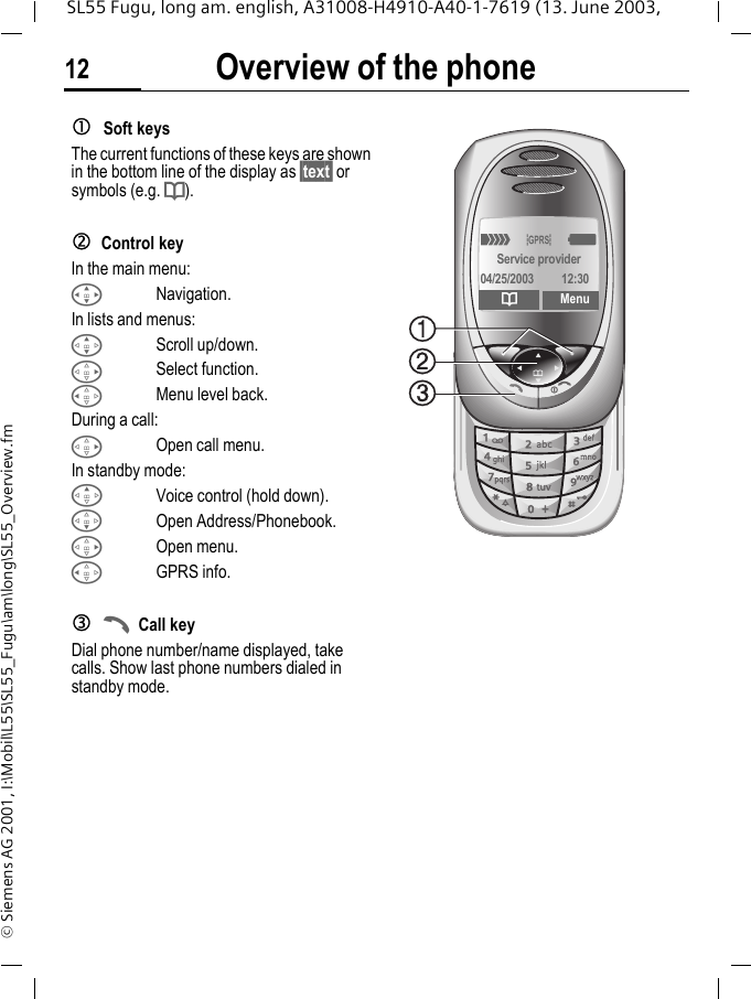 Overview of the phone12SL55 Fugu, long am. english, A31008-H4910-A40-1-7619 (13. June 2003, &copy; Siemens AG 2001, I:\Mobil\L55\SL55_Fugu\am\long\SL55_Overview.fmcSoft keysThe current functions of these keys are shown in the bottom line of the display as &sect;text&sect; or symbols (e.g. d).dControl keyIn the main menu:INavigation.In lists and menus:GScroll up/down.DSelect function.CMenu level back.During a call:DOpen call menu.In standby mode:EVoice control (hold down).FOpen Address/Phonebook.DOpen menu.CGPRS info.eACall keyDial phone number/name displayed, take calls. Show last phone numbers dialed in standby mode. _&ordf;gService provider04/25/2003 12:30dMenu