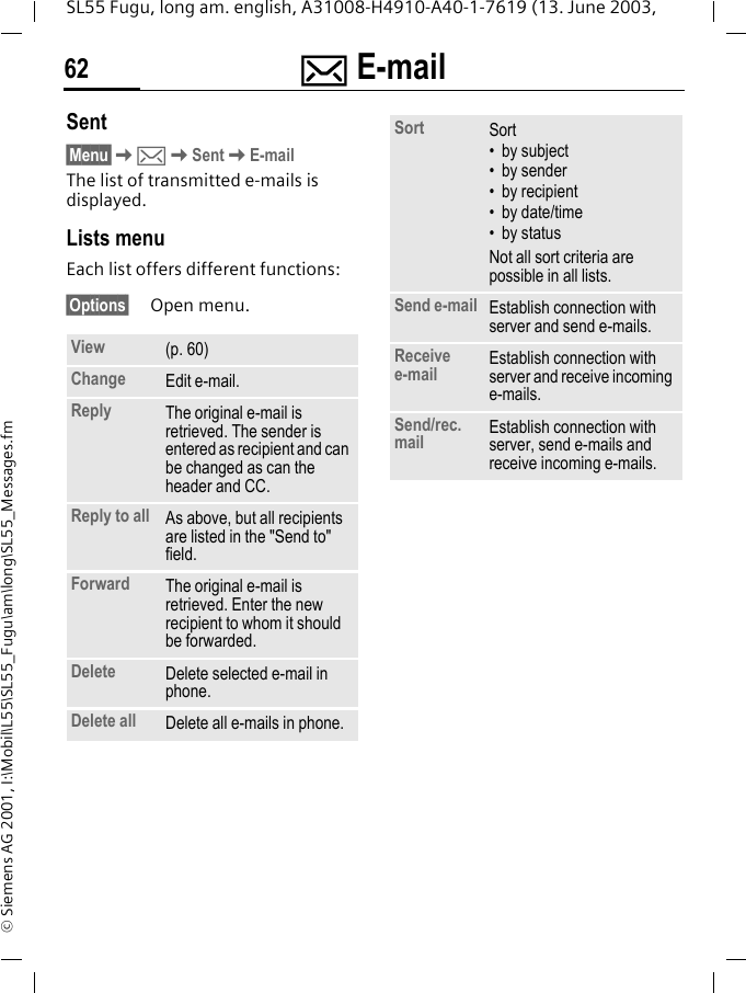 ] E-mail62SL55 Fugu, long am. english, A31008-H4910-A40-1-7619 (13. June 2003, &copy; Siemens AG 2001, I:\Mobil\L55\SL55_Fugu\am\long\SL55_Messages.fmSent&sect;Menu&sect;K]KSentKE-mailThe list of transmitted e-mails is displayed.Lists menuEach list offers different functions:&sect;Options&sect; Open menu. View (p. 60)Change Edit e-mail.Reply The original e-mail is retrieved. The sender is entered as recipient and can be changed as can the header and CC.Reply to all As above, but all recipients are listed in the "Send to" field.Forward The original e-mail is retrieved. Enter the new recipient to whom it should be forwarded.Delete Delete selected e-mail in phone.Delete all Delete all e-mails in phone.Sort Sort&bull; by subject&bull; by sender&bull; by recipient&bull; by date/time&bull; by statusNot all sort criteria are possible in all lists.Send e-mail Establish connection with server and send e-mails.Receive e-mail Establish connection with server and receive incoming e-mails.Send/rec. mail Establish connection with server, send e-mails and receive incoming e-mails.
