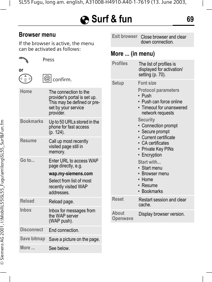 &Eacute; Surf &amp; fun 69SL55 Fugu, long am. english, A31008-H4910-A40-1-7619 (13. June 2003, &copy; Siemens AG 2001, I:\Mobil\L55\SL55_Fugu\am\long\SL55_Surf&amp;Fun.fmBrowser menuIf the browser is active, the menu can be activated as follows:APressorE&Iacute;confirm.More ... (in menu)Home The connection to the provider's portal is set up. This may be defined or pre-set by your service provider.Bookmarks Up to 50 URLs stored in the phone for fast access (p. 124).Resume Call up most recently visited page still in memory.Go to... Enter URL to access WAP page directly, e.g. wap.my-siemens.comSelect from list of most recently visited WAP addresses.Reload Reload page.Inbox Inbox for messages from the WAP server (WAP push).Disconnect End connection. Save bitmap Save a picture on the page.More ... See below.Exit browser Close browser and clear down connection.Profiles The list of profiles is displayed for activation/setting (p. 70).Setup Font sizeProtocol parameters&bull;Push&bull; Push can force online&bull; Timeout for unanswered network requestsSecurity&bull; Connection prompt&bull; Secure prompt&bull; Current certificate&bull;CA certificates&bull; Private Key PINs&bull; EncryptionStart with... &bull;Start menu&bull; Browser menu&bull;Home&bull; Resume&bull; BookmarksReset Restart session and clear cache.About Openwave Display browser version.