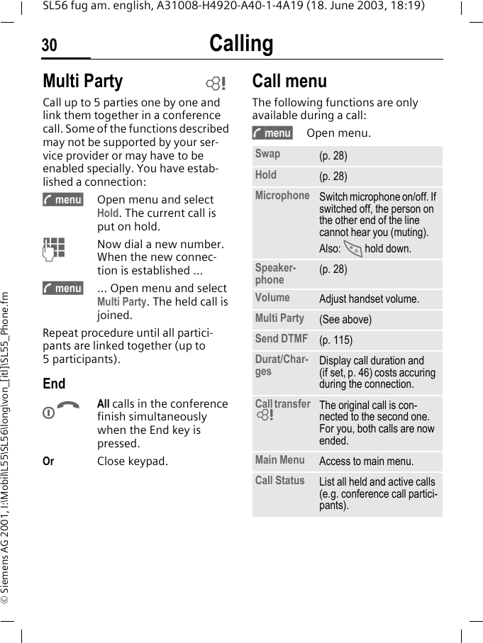 Calling30SL56 fug am. english, A31008-H4920-A40-1-4A19 (18. June 2003, 18:19)&copy; Siemens AG 2001, I:\Mobil\L55\SL56\long\von_[itl]\SL55_Phone.fmMulti PartyCall up to 5 parties one by one and link them together in a conference call. Some of the functions described may not be supported by your ser-vice provider or may have to be enabled specially. You have estab-lished a connection: y menu&sect; Open menu and select Hold. The current call is put on hold.JNow dial a new number. When the new connec-tion is established ...y menu&sect; ... Open menu and select Multi Party. The held call is joined.Repeat procedure until all partici-pants are linked together (up to 5participants).EndBAll calls in the conference finish simultaneously when the End key is pressed. Or Close keypad.Call menuThe following functions are only available during a call:y menu&sect; Open menu. LSwap (p. 28)Hold (p. 28)Microphone Switch microphone on/off. If switched off, the person on the other end of the line cannot hear you (muting). Also: * hold down.Speaker-phone (p. 28)Volume Adjust handset volume.Multi Party (See above)Send DTMF (p. 115)Durat/Char-ges Display call duration and (if set, p. 46) costs accuring during the connection.Call transfer LThe original call is con-nected to the second one. For you, both calls are now ended.Main Menu Access to main menu.Call Status List all held and active calls (e.g. conference call partici-pants).