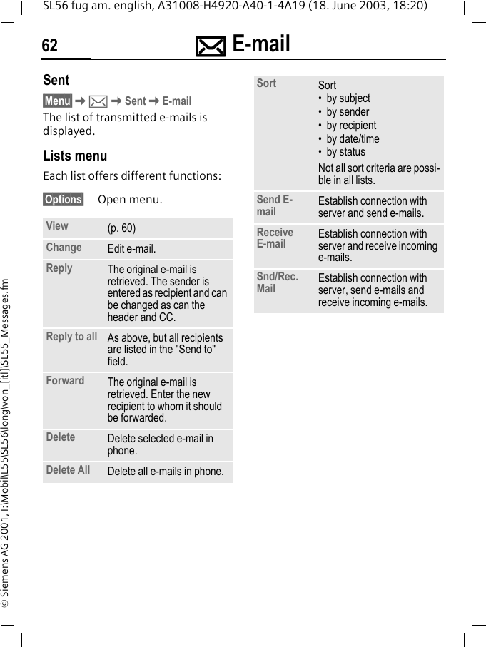 ]]]] E-mail62SL56 fug am. english, A31008-H4920-A40-1-4A19 (18. June 2003, 18:20)&copy; Siemens AG 2001, I:\Mobil\L55\SL56\long\von_[itl]\SL55_Messages.fmSent&sect;Menu&sect;K]KSentKE-mailThe list of transmitted e-mails is displayed.Lists menuEach list offers different functions:&sect;Options&sect; Open menu. View (p. 60)Change Edit e-mail.Reply The original e-mail is retrieved. The sender is entered as recipient and can be changed as can the header and CC.Reply to all As above, but all recipients are listed in the "Send to" field.Forward The original e-mail is retrieved. Enter the new recipient to whom it should be forwarded.Delete Delete selected e-mail in phone.Delete All Delete all e-mails in phone.Sort Sort&bull; by subject&bull; by sender&bull; by recipient&bull; by date/time&bull; by statusNot all sort criteria are possi-ble in all lists.Send E-mail Establish connection with server and send e-mails.Receive E-mail Establish connection with server and receive incoming e-mails.Snd/Rec. Mail Establish connection with server, send e-mails and receive incoming e-mails.