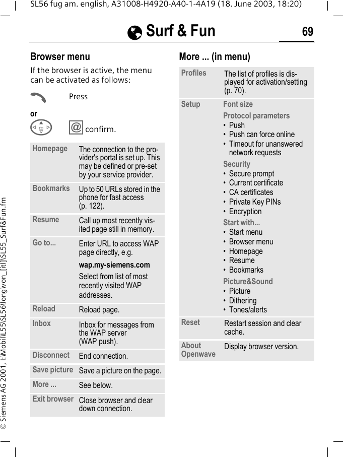 &Eacute;&Eacute;&Eacute;&Eacute; Surf &amp; Fun 69SL56 fug am. english, A31008-H4920-A40-1-4A19 (18. June 2003, 18:20)&copy; Siemens AG 2001, I:\Mobil\L55\SL56\long\von_[itl]\SL55_Surf&amp;Fun.fmBrowser menuIf the browser is active, the menu can be activated as follows:APressorE&Iacute;confirm.More ... (in menu)Homepage The connection to the pro-vider's portal is set up. This may be defined or pre-set by your service provider.Bookmarks Up to 50 URLs stored in the phone for fast access (p. 122).Resume Call up most recently vis-ited page still in memory.Go to... Enter URL to access WAP page directly, e.g. wap.my-siemens.comSelect from list of most recently visited WAP addresses.Reload Reload page.Inbox Inbox for messages from the WAP server (WAP push).Disconnect End connection. Save picture Save a picture on the page.More ... See below.Exit browser Close browser and clear down connection.Profiles The list of profiles is dis-played for activation/setting (p. 70).Setup Font sizeProtocol parameters&bull;Push&bull; Push can force online&bull; Timeout for unanswered network requestsSecurity&bull; Secure prompt&bull; Current certificate&bull;CA certificates&bull; Private Key PINs&bull; EncryptionStart with... &bull;Start menu&bull; Browser menu&bull; Homepage&bull; Resume&bull; BookmarksPicture&amp;Sound&bull;Picture&bull; Dithering&bull; Tones/alertsReset Restart session and clear cache.About Openwave Display browser version.