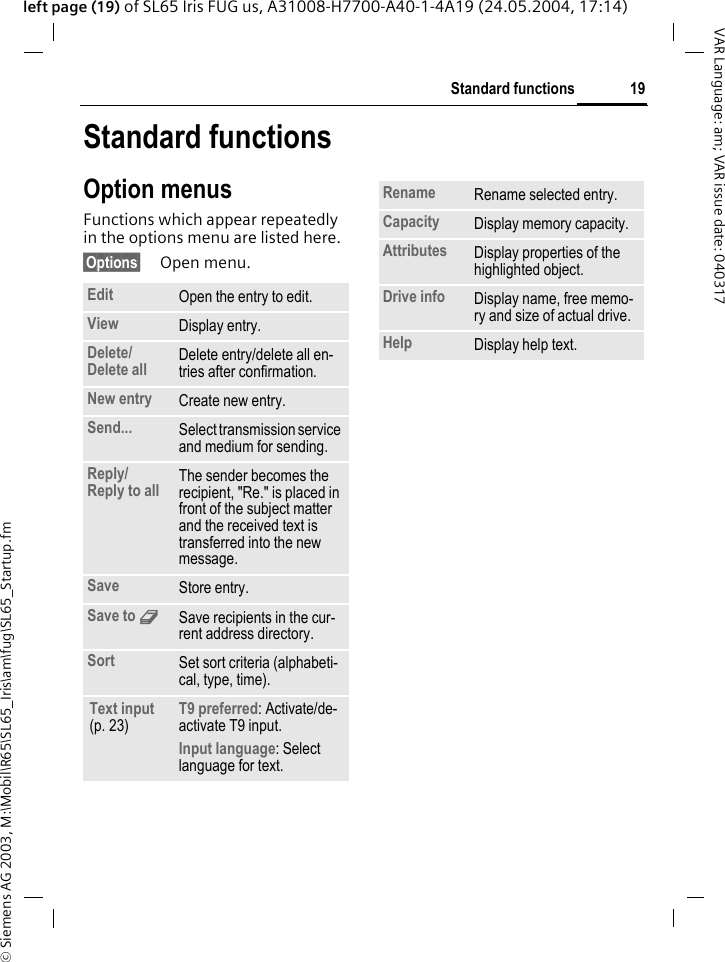 &copy; Siemens AG 2003, M:\Mobil\R65\SL65_Iris\am\fug\SL65_Startup.fm19Standard functionsVAR Language: am; VAR issue date: 040317left page (19) of SL65 Iris FUG us, A31008-H7700-A40-1-4A19 (24.05.2004, 17:14)Standard functionsOption menusFunctions which appear repeatedly in the options menu are listed here.&sect;Options&sect; Open menu.Edit Open the entry to edit.View Display entry.Delete/Delete all Delete entry/delete all en-tries after confirmation.New entry Create new entry.Send... Select transmission service and medium for sending.Reply/Reply to all The sender becomes the recipient, "Re." is placed in front of the subject matter and the received text is transferred into the new message.Save Store entry.Save to 9Save recipients in the cur-rent address directory.Sort Set sort criteria (alphabeti-cal, type, time).Text input (p. 23)T9 preferred: Activate/de-activate T9 input.Input language: Select language for text.Rename Rename selected entry.Capacity Display memory capacity.Attributes Display properties of the highlighted object.Drive info Display name, free memo-ry and size of actual drive.Help Display help text.