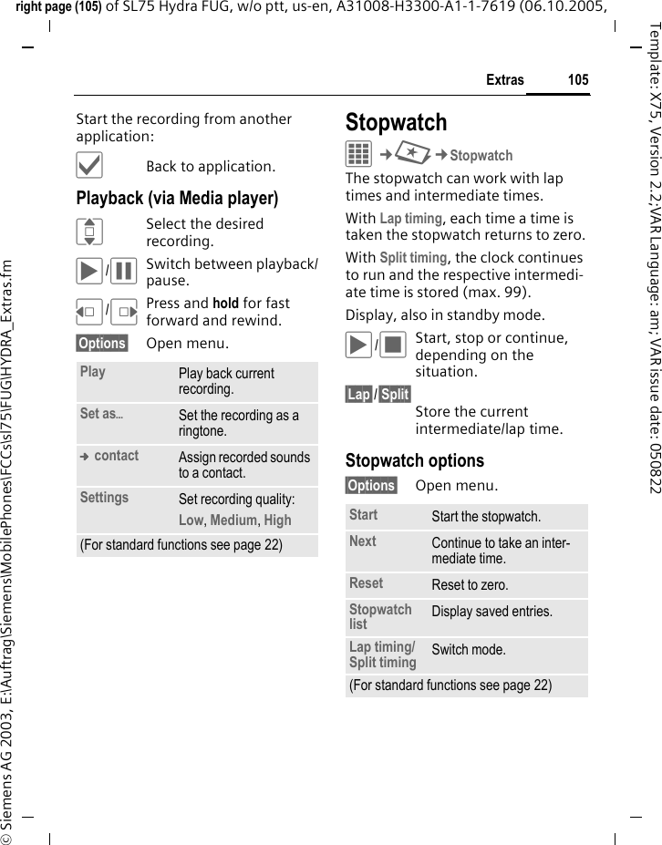 105Extrasright page (105) of SL75 Hydra FUG, w/o ptt, us-en, A31008-H3300-A1-1-7619 (06.10.2005, &copy; Siemens AG 2003, E:\Auftrag\Siemens\MobilePhones\FCCs\sl75\FUG\HYDRA_Extras.fmTemplate: X75, Version 2.2;VAR Language: am; VAR issue date: 050822Start the recording from another application:&igrave;Back to application.Playback (via Media player)ISelect the desired recording.&ograve;/&oacute;Switch between playback/pause.D/EPress and hold for fast forward and rewind.&sect;Options&sect; Open menu.StopwatchC&cent;S&cent;StopwatchThe stopwatch can work with lap times and intermediate times. With Lap timing, each time a time is taken the stopwatch returns to zero.With Split timing, the clock continues to run and the respective intermedi-ate time is stored (max. 99).Display, also in standby mode.&ograve;/&otilde;Start, stop or continue, depending on the situation.&sect;Lap&sect;/&sect;Split&sect;Store the current intermediate/lap time.Stopwatch options&sect;Options&sect; Open menu.Play Play back current recording.Set as&ouml;Set the recording as a ringtone.&trade; contact Assign recorded sounds to a contact.Settings Set recording quality: Low, Medium, High (For standard functions see page 22)Start Start the stopwatch.Next Continue to take an inter-mediate time.Reset Reset to zero.Stopwatch list Display saved entries.Lap timing/ Split timing  Switch mode.(For standard functions see page 22)