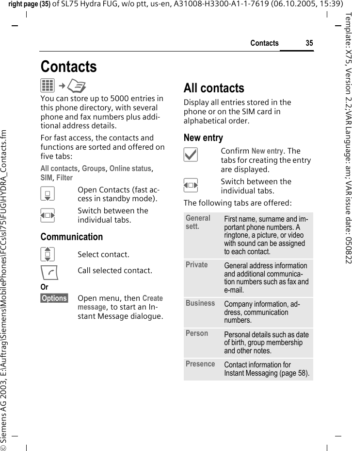 35Contactsright page (35) of SL75 Hydra FUG, w/o ptt, us-en, A31008-H3300-A1-1-7619 (06.10.2005, 15:39)&copy; Siemens AG 2003, E:\Auftrag\Siemens\MobilePhones\FCCs\sl75\FUG\HYDRA_Contacts.fmTemplate: X75, Version 2.2;VAR Language: am; VAR issue date: 050822ContactsC&cent;L You can store up to 5000 entries in this phone directory, with several phone and fax numbers plus addi-tional address details. For fast access, the contacts and functions are sorted and offered on five tabs:All contacts, Groups, Online status, SIM,Filter HOpen Contacts (fast ac-cess in standby mode).FSwitch between the individual tabs.CommunicationISelect contact.ACall selected contact.Or &sect;Options&sect; Open menu, then Create message, to start an In-stant Message dialogue.All contactsDisplay all entries stored in the phone or on the SIM card in alphabetical order.New entry&igrave;Confirm New entry. The tabs for creating the entry are displayed.FSwitch between the individual tabs.The following tabs are offered:General sett. First name, surname and im-portant phone numbers. A ringtone, a picture, or video with sound can be assigned to each contact.Private General address information and additional communica-tion numbers such as fax and e-mail.Business Company information, ad-dress, communication numbers.Person Personal details such as date of birth, group membership and other notes.Presence Contact information for Instant Messaging (page 58).