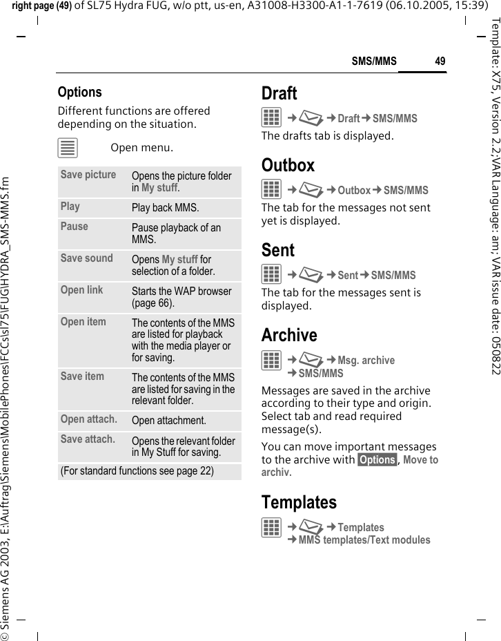 49SMS/MMSright page (49) of SL75 Hydra FUG, w/o ptt, us-en, A31008-H3300-A1-1-7619 (06.10.2005, 15:39)&copy; Siemens AG 2003, E:\Auftrag\Siemens\MobilePhones\FCCs\sl75\FUG\HYDRA_SMS-MMS.fmTemplate: X75, Version 2.2;VAR Language: am; VAR issue date: 050822OptionsDifferent functions are offered depending on the situation.&uacute;Open menu.DraftC&cent;M&cent;Draft&cent;SMS/MMSThe drafts tab is displayed. OutboxC&cent;M&cent;Outbox&cent;SMS/MMSThe tab for the messages not sent yet is displayed. SentC&cent;M&cent;Sent&cent;SMS/MMSThe tab for the messages sent is displayed.ArchiveC&cent;M&cent;Msg. archive&cent;SMS/MMSMessages are saved in the archive according to their type and origin. Select tab and read required message(s).You can move important messages to the archive with &sect;Options&sect;, Move to archiv.TemplatesC&cent;M&cent;Templates&cent;MMS templates/Text modulesSave picture Opens the picture folder in My stuff.Play Play back MMS.Pause Pause playback of an MMS.Save sound Opens My stuff for selection of a folder.Open link Starts the WAP browser (page 66).Open item The contents of the MMS are listed for playback with the media player or for saving.Save item The contents of the MMS are listed for saving in the relevant folder.Open attach. Open attachment.Save attach. Opens the relevant folder in My Stuff for saving. (For standard functions see page 22)