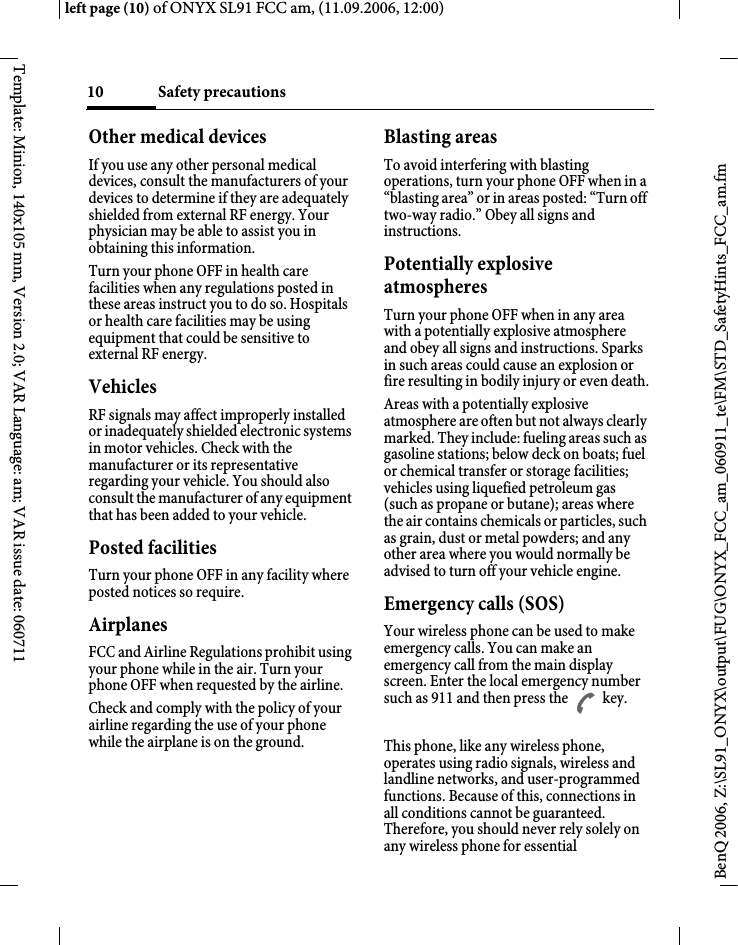 Page 10 of BenQ Mobile and OHG SL91 GSM 900/1800/1900, UMTS Mobile Phone with BT User Manual ONYX FUG