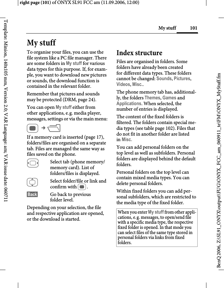 Page 101 of BenQ Mobile and OHG SL91 GSM 900/1800/1900, UMTS Mobile Phone with BT User Manual ONYX FUG