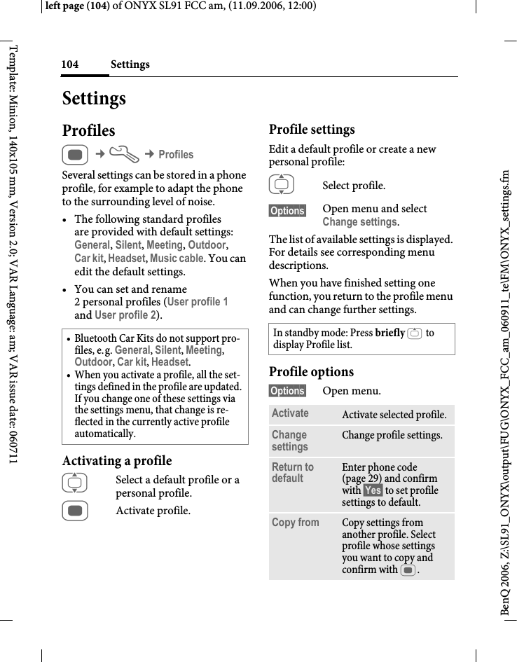 Page 104 of BenQ Mobile and OHG SL91 GSM 900/1800/1900, UMTS Mobile Phone with BT User Manual ONYX FUG