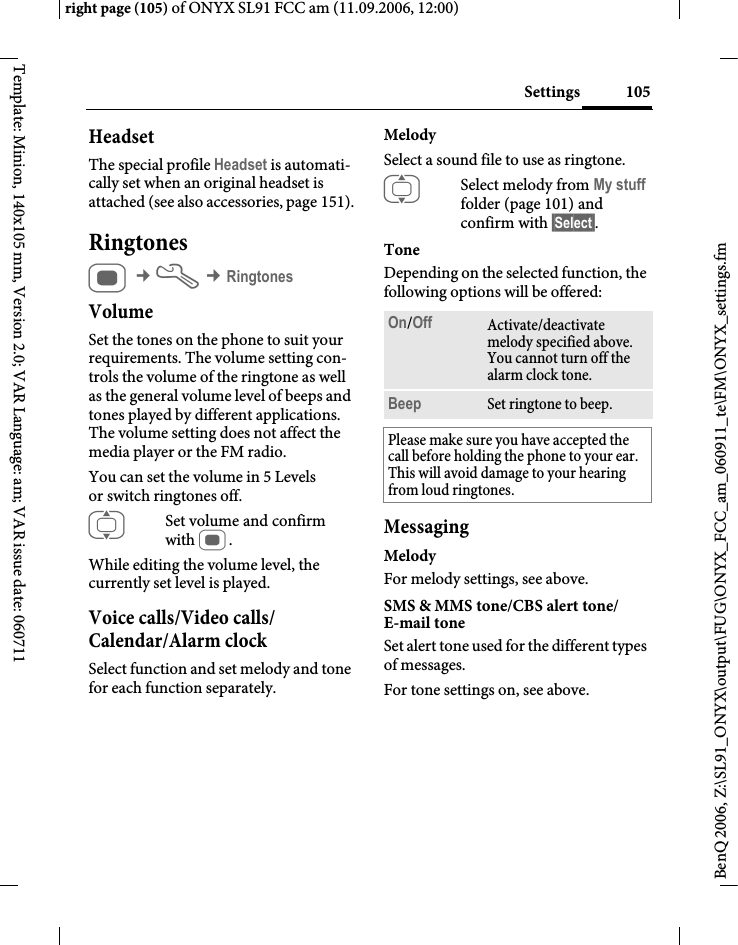 Page 105 of BenQ Mobile and OHG SL91 GSM 900/1800/1900, UMTS Mobile Phone with BT User Manual ONYX FUG