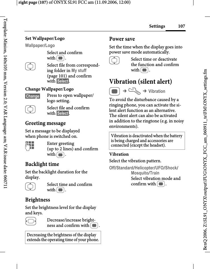 Page 107 of BenQ Mobile and OHG SL91 GSM 900/1800/1900, UMTS Mobile Phone with BT User Manual ONYX FUG