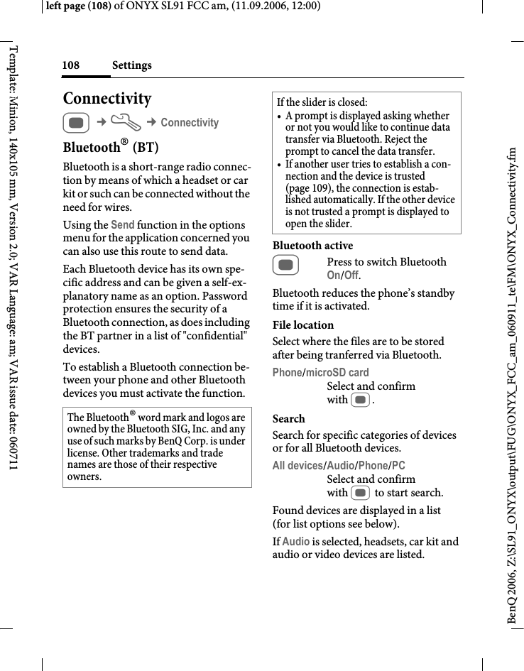 Page 108 of BenQ Mobile and OHG SL91 GSM 900/1800/1900, UMTS Mobile Phone with BT User Manual ONYX FUG