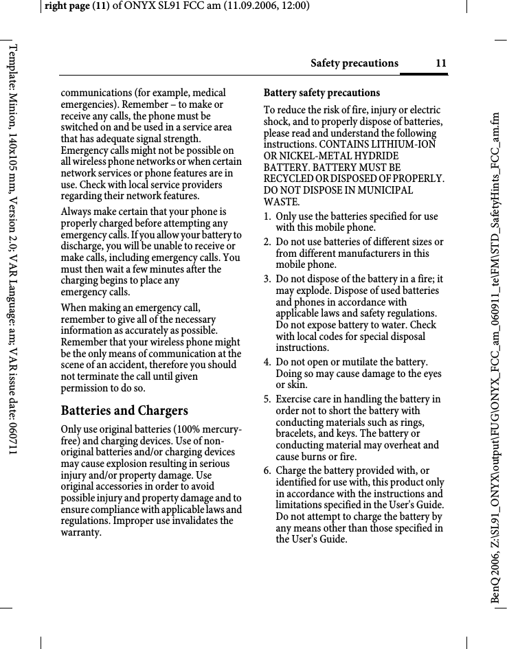 Page 11 of BenQ Mobile and OHG SL91 GSM 900/1800/1900, UMTS Mobile Phone with BT User Manual ONYX FUG