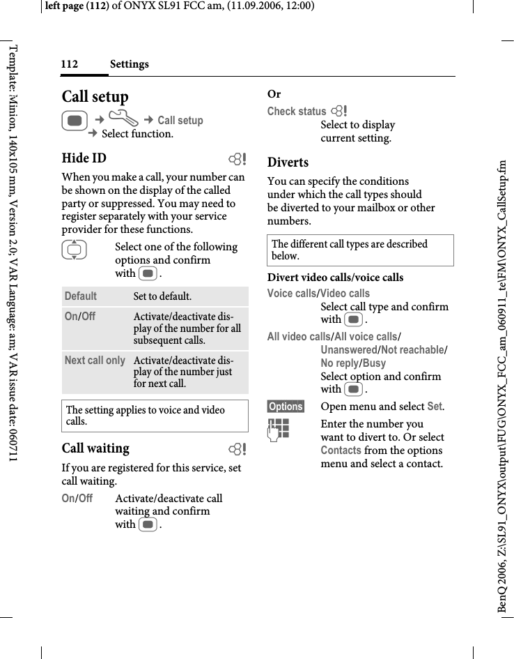 Page 112 of BenQ Mobile and OHG SL91 GSM 900/1800/1900, UMTS Mobile Phone with BT User Manual ONYX FUG