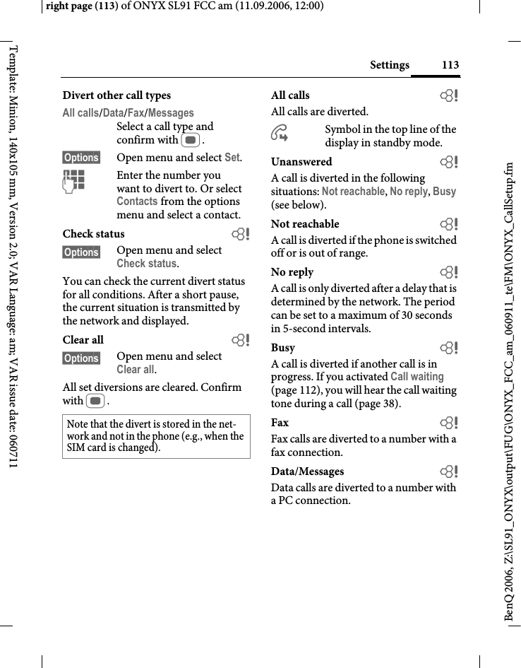 Page 113 of BenQ Mobile and OHG SL91 GSM 900/1800/1900, UMTS Mobile Phone with BT User Manual ONYX FUG