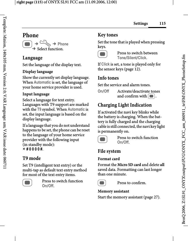 Page 115 of BenQ Mobile and OHG SL91 GSM 900/1800/1900, UMTS Mobile Phone with BT User Manual ONYX FUG
