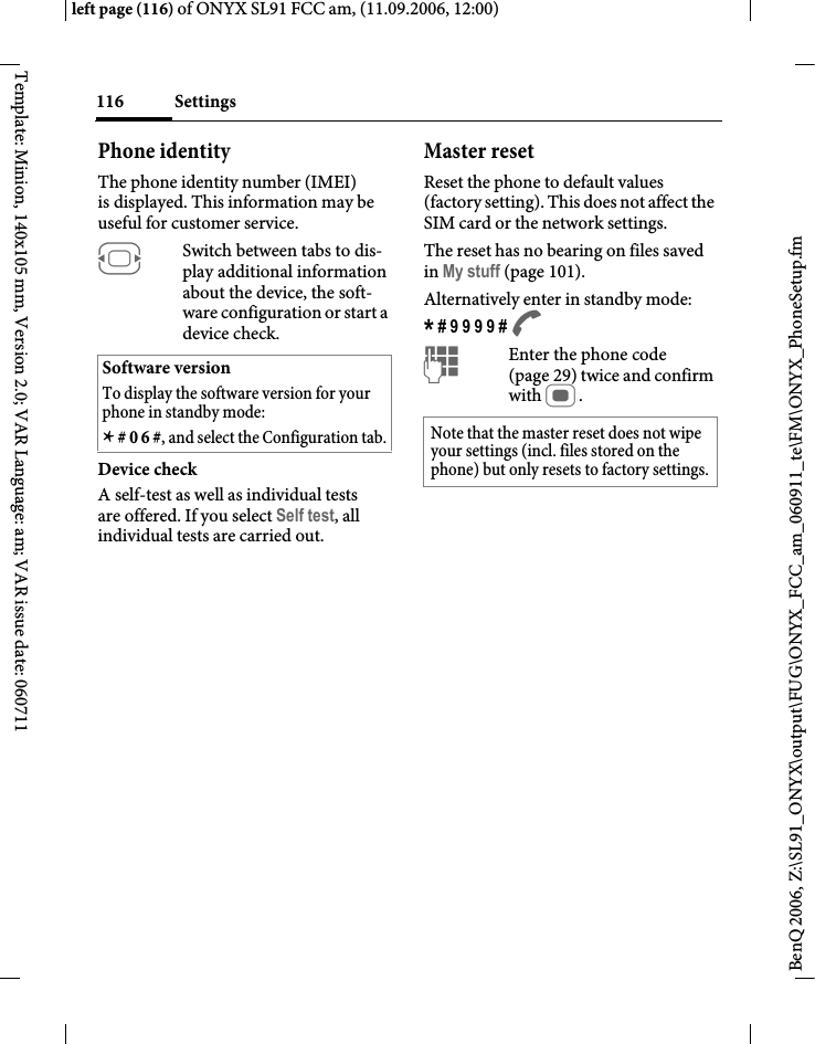 Page 116 of BenQ Mobile and OHG SL91 GSM 900/1800/1900, UMTS Mobile Phone with BT User Manual ONYX FUG