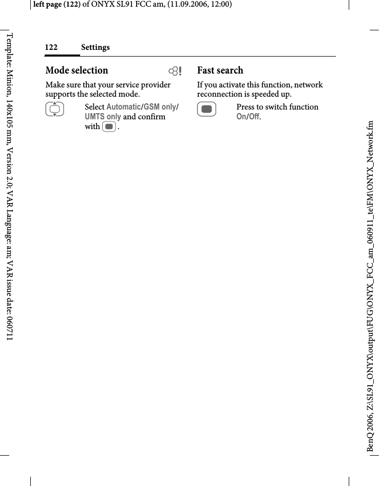 Page 122 of BenQ Mobile and OHG SL91 GSM 900/1800/1900, UMTS Mobile Phone with BT User Manual ONYX FUG