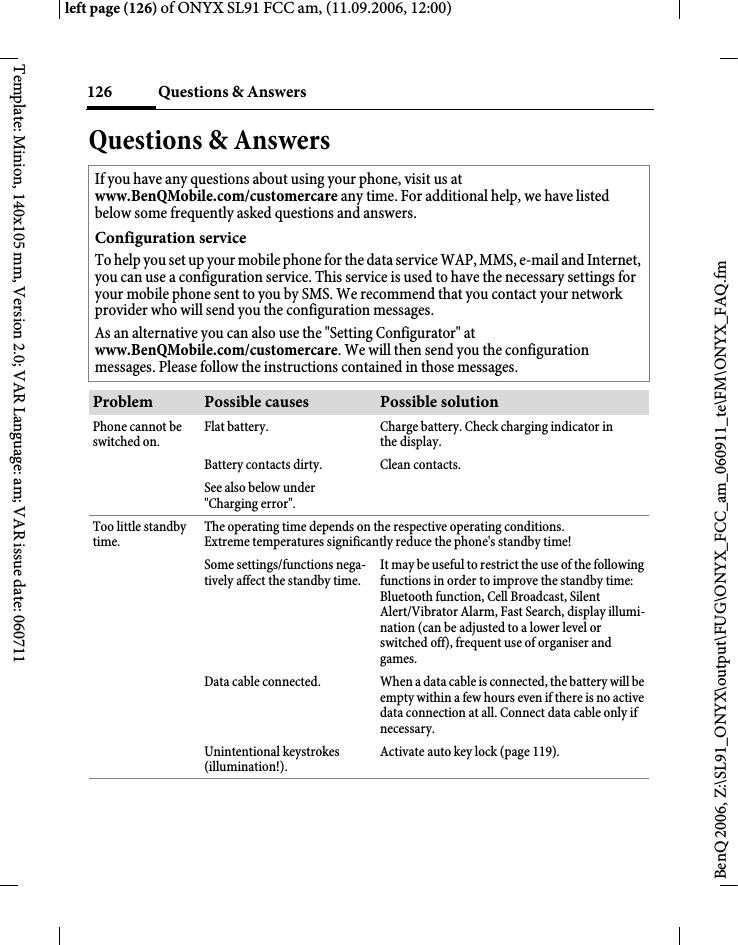 Page 126 of BenQ Mobile and OHG SL91 GSM 900/1800/1900, UMTS Mobile Phone with BT User Manual ONYX FUG