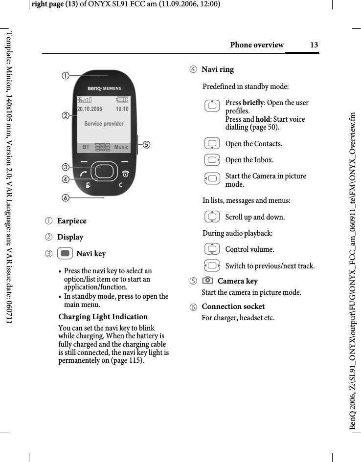 Page 13 of BenQ Mobile and OHG SL91 GSM 900/1800/1900, UMTS Mobile Phone with BT User Manual ONYX FUG