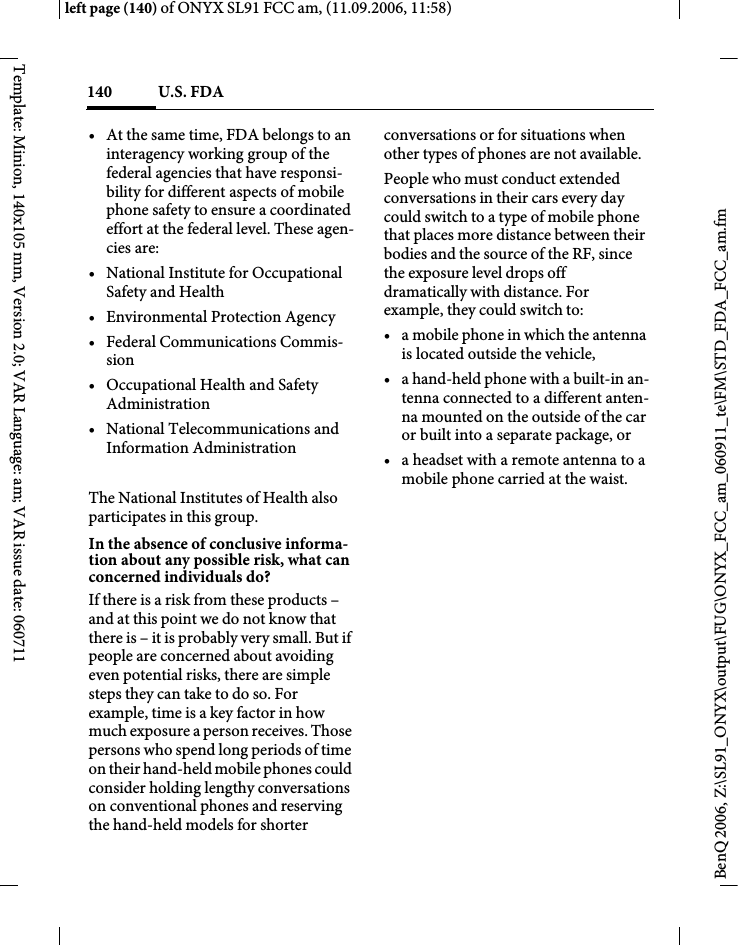Page 140 of BenQ Mobile and OHG SL91 GSM 900/1800/1900, UMTS Mobile Phone with BT User Manual ONYX FUG