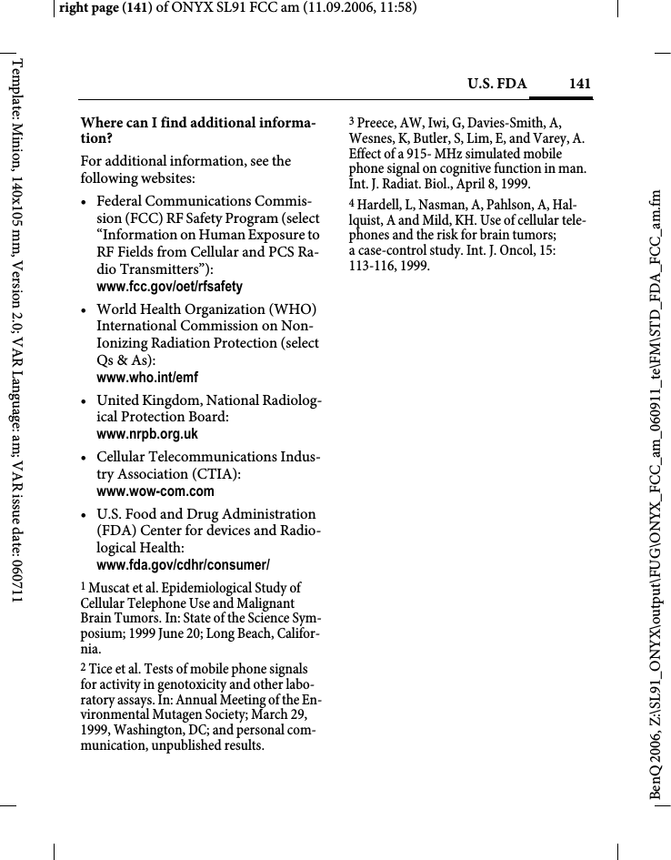 Page 141 of BenQ Mobile and OHG SL91 GSM 900/1800/1900, UMTS Mobile Phone with BT User Manual ONYX FUG