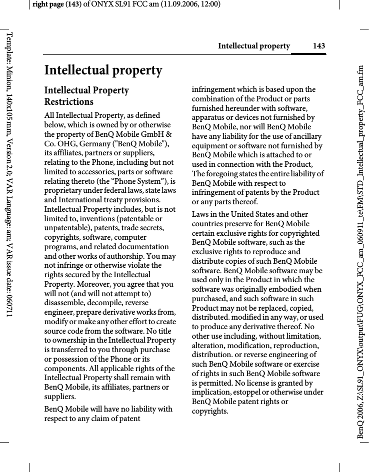 Page 143 of BenQ Mobile and OHG SL91 GSM 900/1800/1900, UMTS Mobile Phone with BT User Manual ONYX FUG