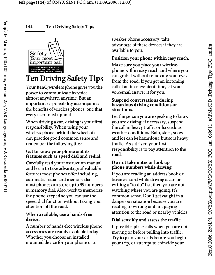 Page 144 of BenQ Mobile and OHG SL91 GSM 900/1800/1900, UMTS Mobile Phone with BT User Manual ONYX FUG