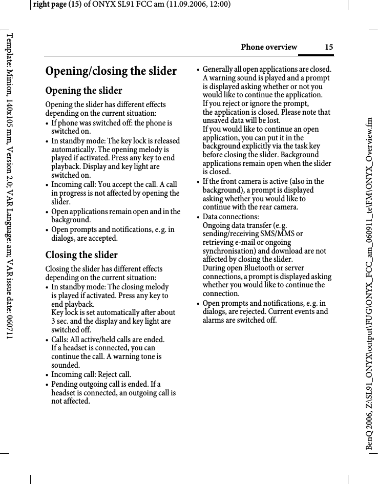 Page 15 of BenQ Mobile and OHG SL91 GSM 900/1800/1900, UMTS Mobile Phone with BT User Manual ONYX FUG