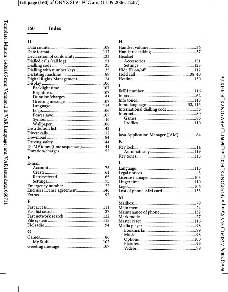 Page 160 of BenQ Mobile and OHG SL91 GSM 900/1800/1900, UMTS Mobile Phone with BT User Manual ONYX FUG