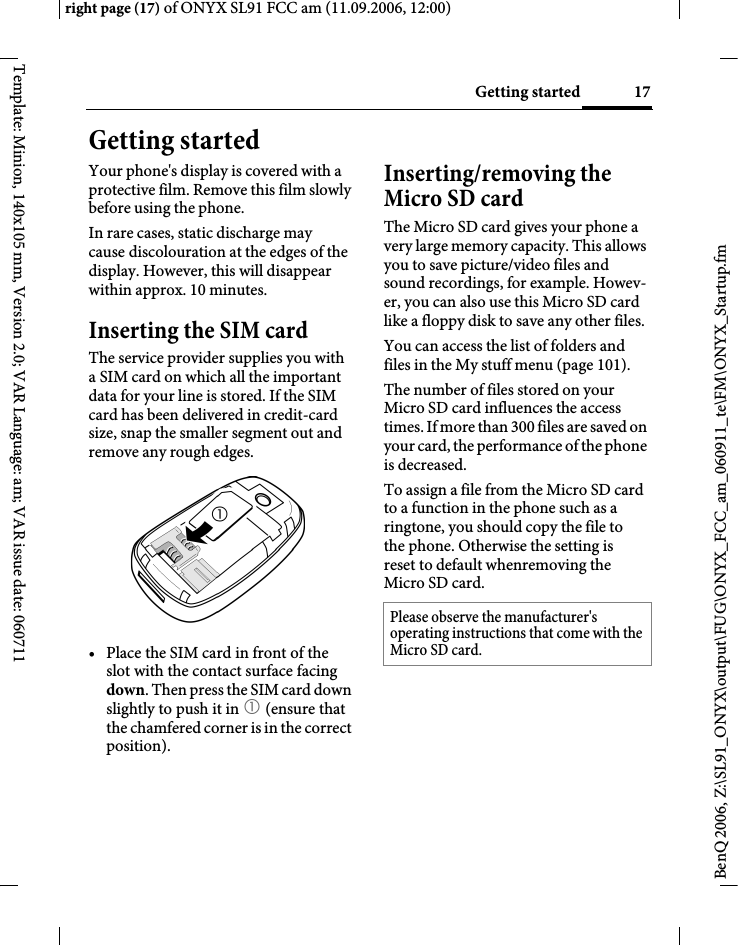 Page 17 of BenQ Mobile and OHG SL91 GSM 900/1800/1900, UMTS Mobile Phone with BT User Manual ONYX FUG