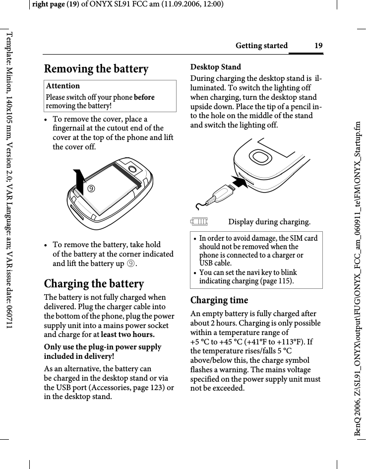 Page 19 of BenQ Mobile and OHG SL91 GSM 900/1800/1900, UMTS Mobile Phone with BT User Manual ONYX FUG