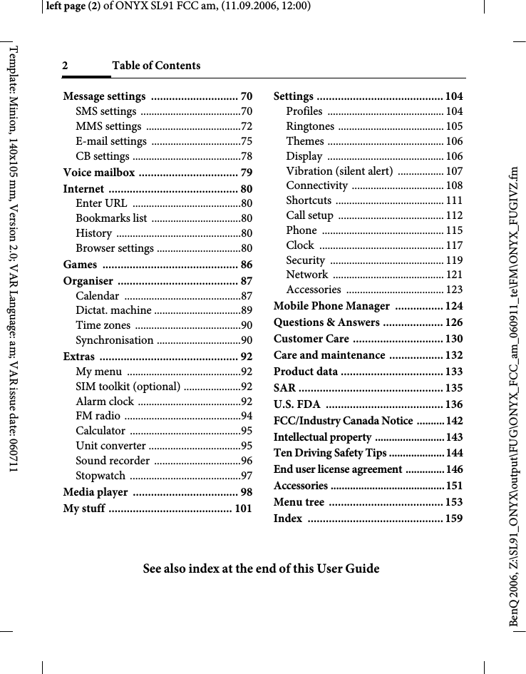 Page 2 of BenQ Mobile and OHG SL91 GSM 900/1800/1900, UMTS Mobile Phone with BT User Manual ONYX FUG