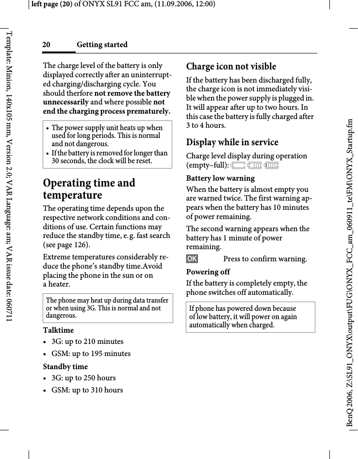 Page 20 of BenQ Mobile and OHG SL91 GSM 900/1800/1900, UMTS Mobile Phone with BT User Manual ONYX FUG