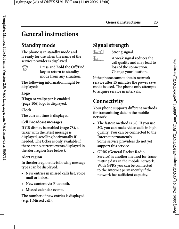 Page 23 of BenQ Mobile and OHG SL91 GSM 900/1800/1900, UMTS Mobile Phone with BT User Manual ONYX FUG