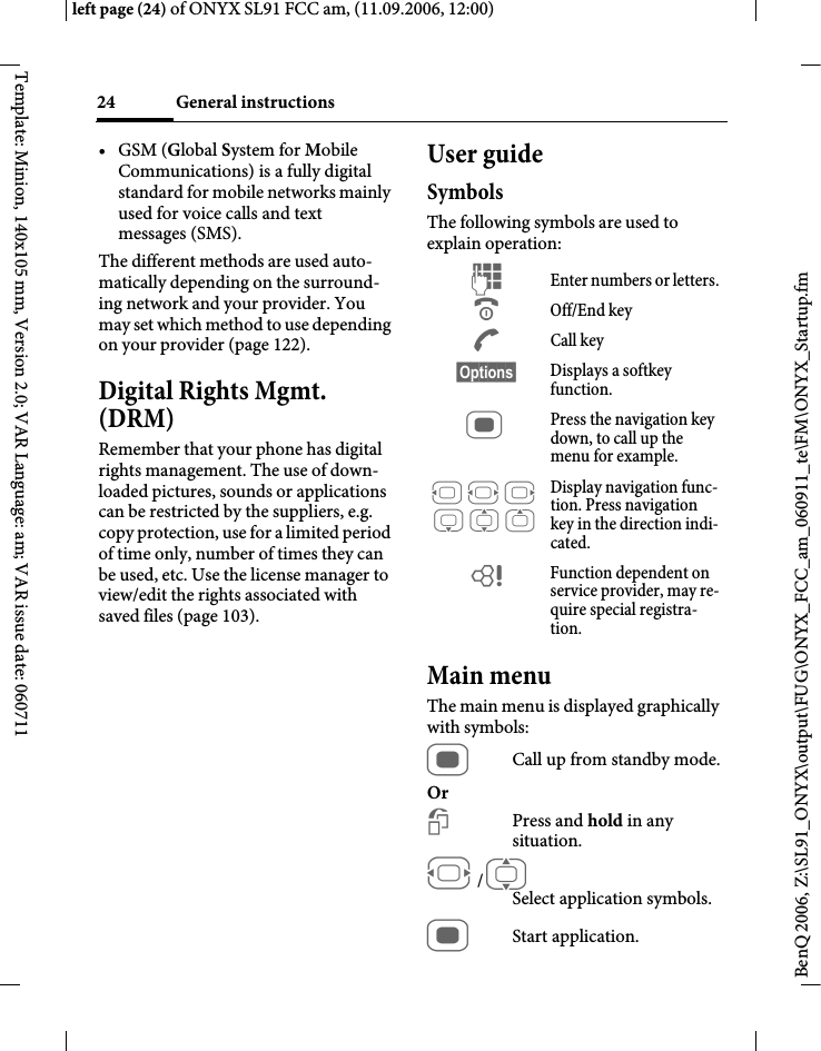 Page 24 of BenQ Mobile and OHG SL91 GSM 900/1800/1900, UMTS Mobile Phone with BT User Manual ONYX FUG
