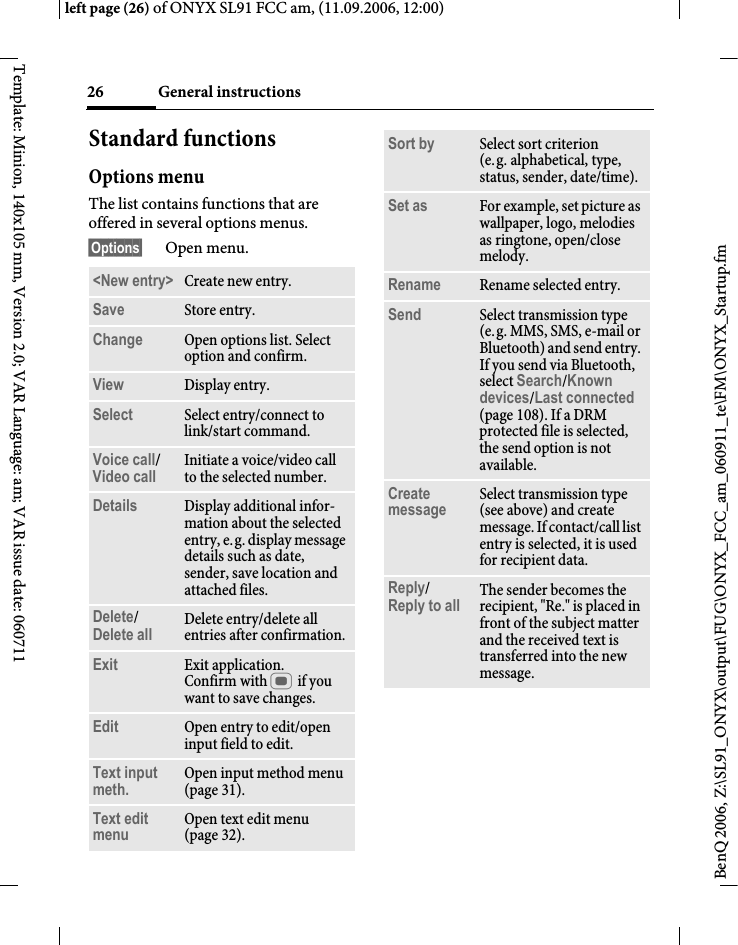 Page 26 of BenQ Mobile and OHG SL91 GSM 900/1800/1900, UMTS Mobile Phone with BT User Manual ONYX FUG