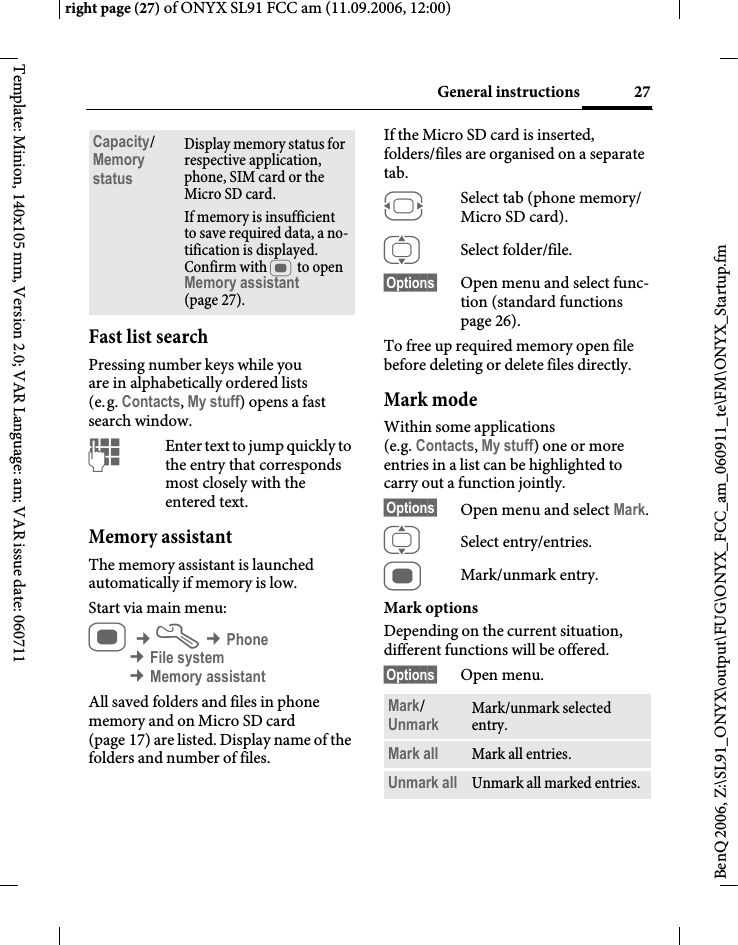 Page 27 of BenQ Mobile and OHG SL91 GSM 900/1800/1900, UMTS Mobile Phone with BT User Manual ONYX FUG