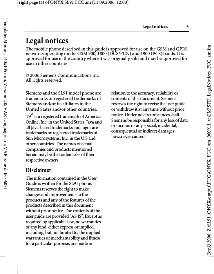 Page 3 of BenQ Mobile and OHG SL91 GSM 900/1800/1900, UMTS Mobile Phone with BT User Manual ONYX FUG