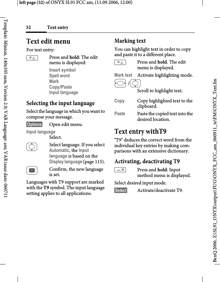 Page 32 of BenQ Mobile and OHG SL91 GSM 900/1800/1900, UMTS Mobile Phone with BT User Manual ONYX FUG