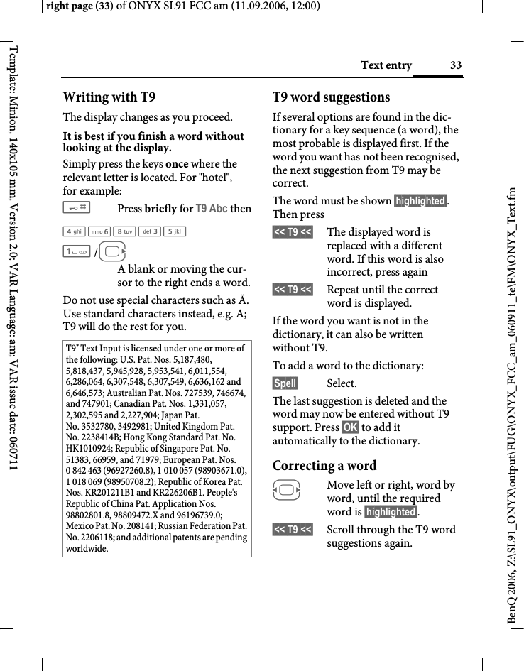 Page 33 of BenQ Mobile and OHG SL91 GSM 900/1800/1900, UMTS Mobile Phone with BT User Manual ONYX FUG