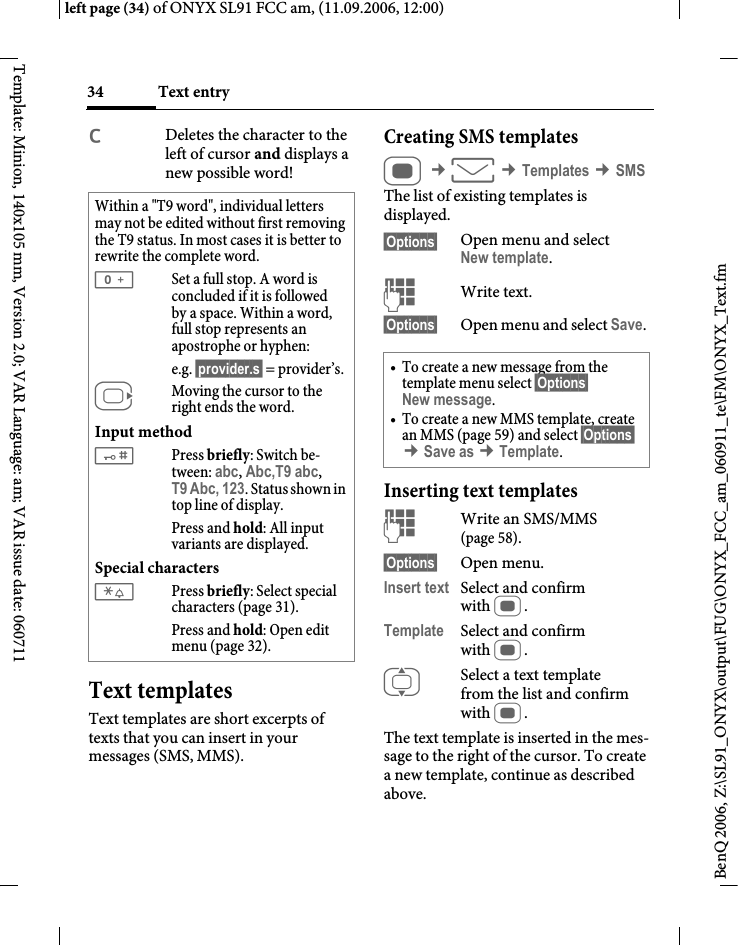 Page 34 of BenQ Mobile and OHG SL91 GSM 900/1800/1900, UMTS Mobile Phone with BT User Manual ONYX FUG