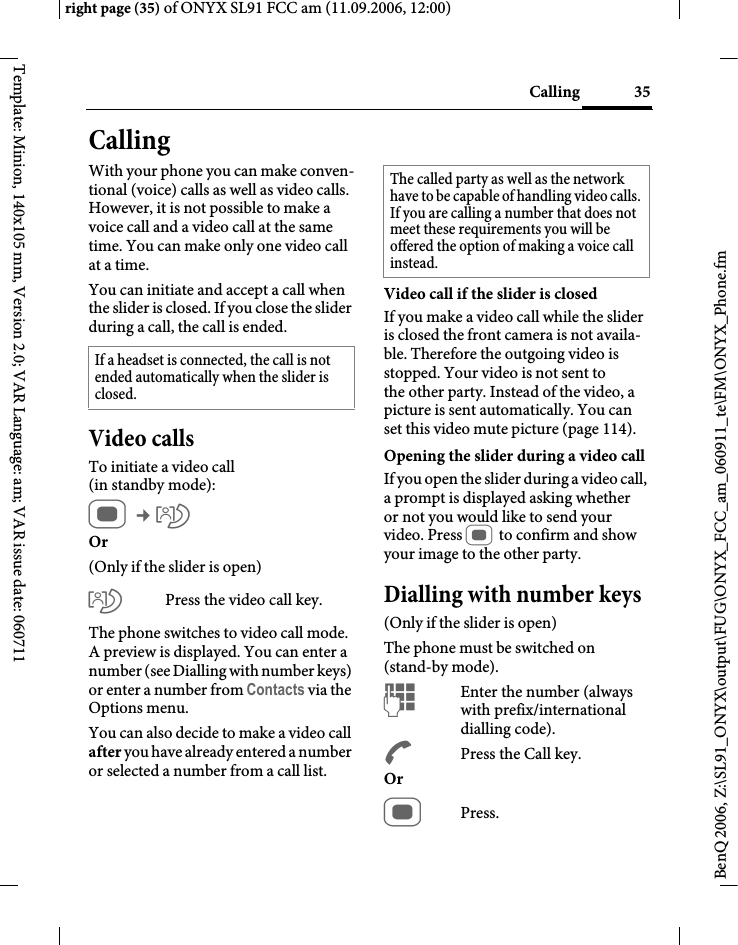 Page 35 of BenQ Mobile and OHG SL91 GSM 900/1800/1900, UMTS Mobile Phone with BT User Manual ONYX FUG