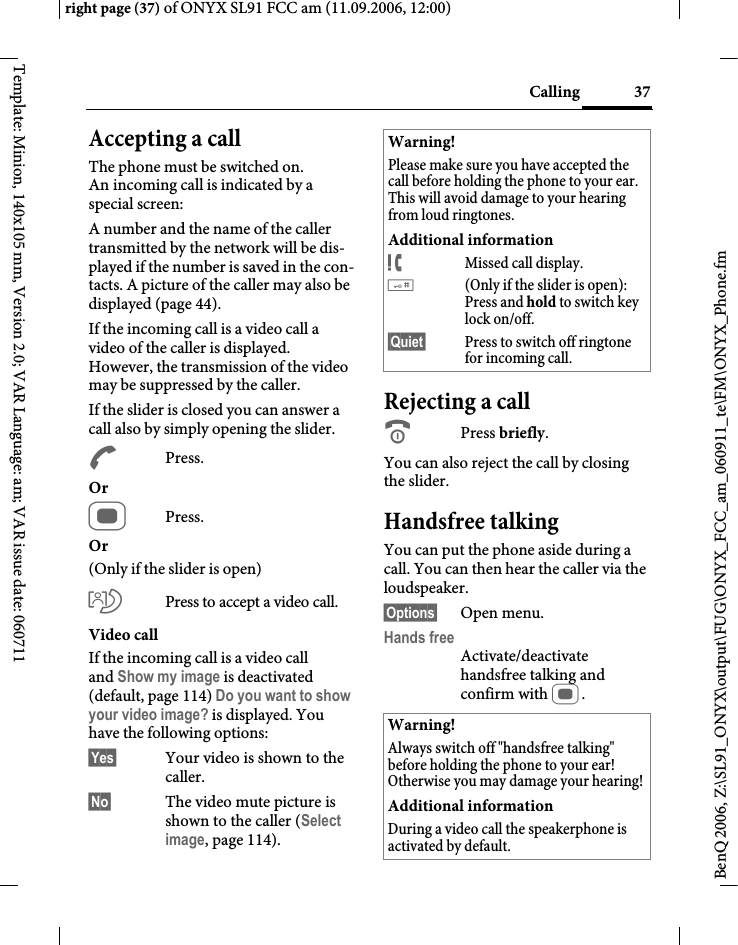 Page 37 of BenQ Mobile and OHG SL91 GSM 900/1800/1900, UMTS Mobile Phone with BT User Manual ONYX FUG