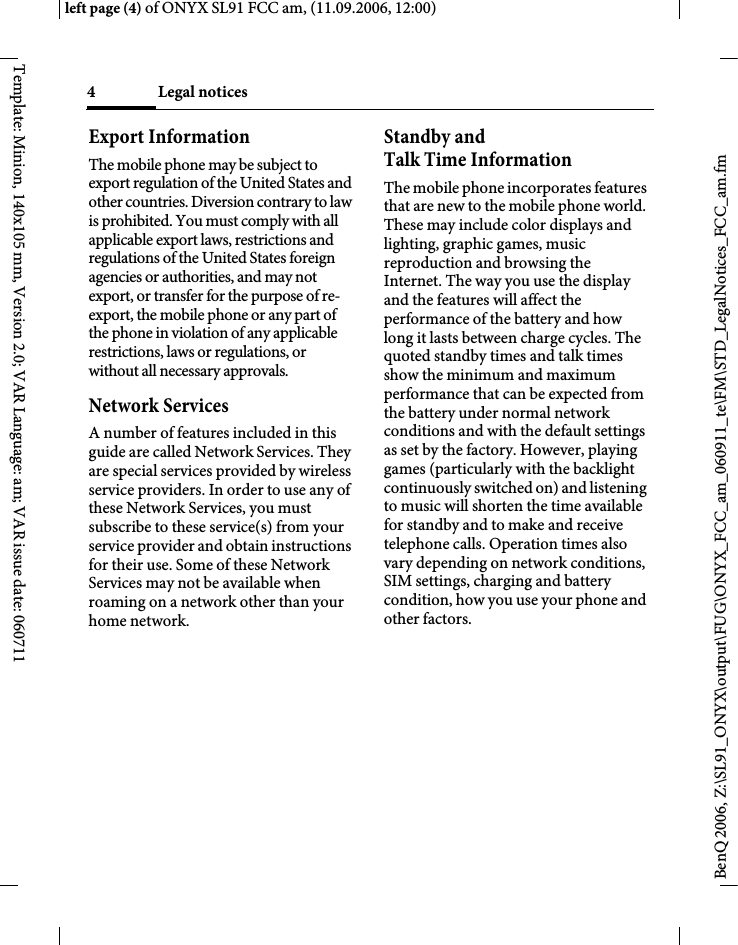 Page 4 of BenQ Mobile and OHG SL91 GSM 900/1800/1900, UMTS Mobile Phone with BT User Manual ONYX FUG