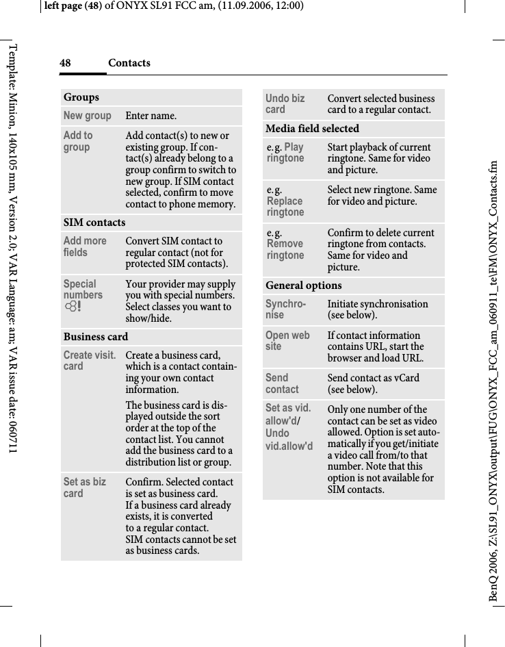 Page 48 of BenQ Mobile and OHG SL91 GSM 900/1800/1900, UMTS Mobile Phone with BT User Manual ONYX FUG